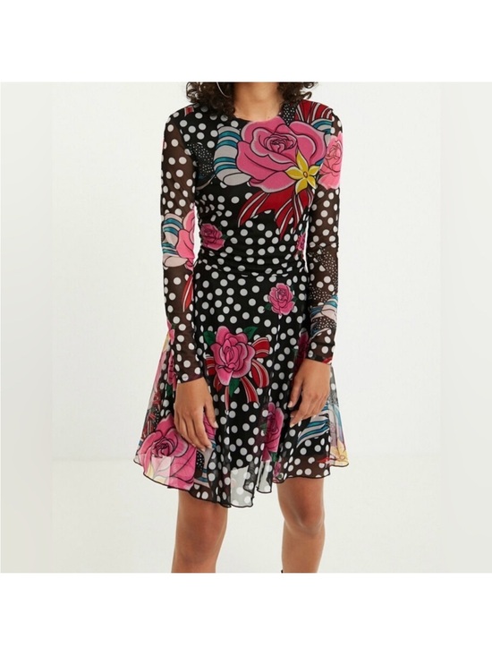 Desigual Dresses & Skirts - Floral Polka Dot Long-Sleeve Fit & Flare Dress - Black with Pink Accents